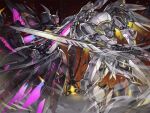  battle black_vs_white cable crack diffraction_spikes dust dust_cloud film_grain glowing glowing_eye highres holding holding_sword holding_weapon lxkate mecha no_humans original purple_eyes robot scratches sword weapon wings yellow_eyes 