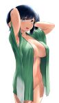  1girl :d armpits arms_behind_head arms_up bangs bare_arms blue_eyes blue_hair breasts cowboy_shot green_robe highres kantai_collection large_breasts looking_at_viewer naked_robe open_clothes open_mouth open_robe robe short_sleeves short_twintails simple_background smile solo souryuu_(kancolle) standing twintails wa_(genryusui) wet white_background 