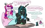  2022 anthro anthrofied arthropod book changeling clothing digital_media_(artwork) dress english_text equid equine eyes_closed friendship_is_magic green_hair hair hasbro horn jewelry long_hair mammal multicolored_hair my_little_pony necklace pencil_(object) pink_body princess_cadance_(mlp) queen_chrysalis_(mlp) redxbacon text winged_unicorn wings 