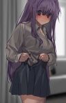 1girl blurry blurry_background blush collared_shirt doki_doki_literature_club eyebrows_hidden_by_hair facing_to_the_side hair_ornament hairpin long_hair looking_to_the_side ltze6 nervous open_clothes open_skirt purple_eyes purple_hair shirt skirt skirt_hold solo sweat yuri_(doki_doki_literature_club) 