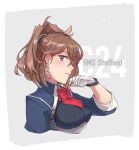  1girl ascot blue_eyes brown_hair character_name closed_mouth earrings flower gloves hair_between_eyes jewelry kantai_collection long_hair long_sleeves military military_uniform red_ascot red_flower red_rose rose sheffield_(kancolle) solo uniform upper_body weidashming white_gloves 
