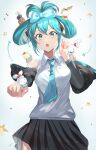  1girl absurdres bare_shoulders black_skirt black_sleeves blue_bow blue_eyes blue_hair blue_necktie bow breasts cinnamiku clenched_hands collared_shirt commentary_request detached_sleeves grey_background hair_bow hair_rings hatsune_miku highres long_sleeves looking_at_viewer medium_breasts mosta_(lo1777789) necktie open_mouth outstretched_arm pleated_skirt sanrio shirt skirt sleeveless sleeveless_shirt star_(symbol) tie_clip white_shirt wide_sleeves 