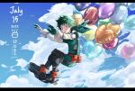  1boy ae030 balloon belt birthday blue_sky blush bodysuit boku_no_hero_academia chestnut_mouth cloud cloudy_sky freckles from_side full_body gloves green_bodysuit green_eyes green_gloves green_hair heart_balloon highres kanji letterboxed looking_at_viewer male_focus midair midoriya_izuku outstretched_arms sky solo teeth text_focus twitter_username two-tone_gloves upper_teeth utility_belt white_gloves 