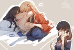  2girls bangs biting black_hair blonde_hair blue_dress blue_kimono blush bob_cut closed_eyes dress highres hug inoue_takina japanese_clothes kimono long_hair lycoris_recoil moyu_marginal multiple_girls nishikigi_chisato purple_eyes red_dress red_eyes red_kimono short_hair twintails waitress yuri 