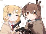  2girls :o ahoge animal_ears bangs blonde_hair blue_eyes brown_capelet brown_cloak brown_eyes brown_hair capelet cloak collared_shirt dog_ears feather_hair_ornament feathers glock gloves grin gun gyaheung hair_ornament hairclip handgun hololive hololive_english long_hair looking_at_viewer monocle_hair_ornament multicolored_hair multiple_girls nanashi_mumei necktie one_eye_closed partially_fingerless_gloves paw_print ponytail ribbon shirt short_hair smile streaked_hair trigger_discipline very_long_hair virtual_youtuber watson_amelia weapon white_shirt 