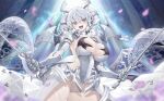  1girl armor blush breasts cleavage dual_wielding duel_monster gauntlets grey_eyes grey_hair highres holding horns huge_breasts labrynth_of_the_silver_castle looking_at_viewer open_mouth pauldrons shoulder_armor solo sword twintails weapon xiujia_yihuizi yu-gi-oh! 
