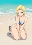  1girl absurdres alternate_costume android_18 beach bikini blonde_hair blue_bikini blue_eyes bracelet breasts closed_mouth commentary_request dragon_ball dragon_ball_z earrings full_body high_heels highres jewelry kneeling looking_at_viewer medium_breasts rokoido12 short_hair solo swimsuit 