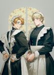  2boys alternate_costume america_(hetalia) apron axis_powers_hetalia blonde_hair blue_eyes bonnet buttons crossdressing enmaided floral_background glasses grey_background grin littleb623 long_sleeves looking_at_viewer maid multiple_boys parted_lips puffy_long_sleeves puffy_sleeves purple_eyes russia_(hetalia) sleeve_cuffs smile tying_apron waist_apron window 