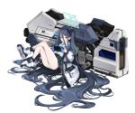  1girl absurdly_long_hair absurdres arisu_(blue_archive) ass bangs bare_legs black_hair black_hairband blue_archive blue_eyes blush commentary crossed_legs dark_blue_hair full_body hair_between_eyes hairband halo handheld_game_console highres holding holding_handheld_game_console huge_weapon jacket long_hair long_sleeves looking_at_viewer multicolored_hair necktie one_side_up open_clothes open_jacket open_mouth panties railgun school_uniform shirt shoes simple_background sitting sneakers solo toombo12 underwear very_long_hair weapon white_background white_panties white_shirt 