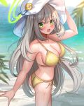  1girl :d ame_sagari arm_up ass bare_shoulders beach bikini blue_archive breasts cleavage collarbone flower front-tie_bikini front-tie_top green_eyes grey_hair halo halterneck hat hat_flower highres large_breasts long_hair looking_at_viewer nonomi_(blue_archive) nonomi_(swimsuit)_(blue_archive) open_mouth side-tie_bikini smile solo standing strap_gap string_bikini sun_hat swimsuit thighs very_long_hair wet white_headwear yellow_bikini 