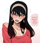  1girl absurdres angry black_hair blush breasts cleavage collarbone constricted_pupils earrings english_text hairband highres jewelry large_breasts off_shoulder porqueloin red_eyes shoulder_blush simple_background solo spy_x_family teeth white_background yor_briar 