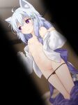 1girl animal_ears black_panties bow breasts clothes_down commission light_blue_hair long_hair long_sleeves natsu_no_koucha no_bra original panties panty_pull pov purple_eyes pussy skeb_commission skirt small_breasts smile tail tail_bow tail_ornament underwear undressing wolf_ears wolf_tail 
