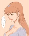  blue_dress breasts cleavage collarbone dress from_side green_eyes hair_behind_ear hilmuka kikou-kai_galient long_hair medium_breasts orange_hair portrait sano_toshihide sketch smile speech_bubble translation_request v-shaped_eyebrows 