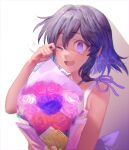  1girl black_hair bouquet dark-skinned_female dark_skin dated dress hair_between_eyes highres idolmaster idolmaster_cinderella_girls looking_at_viewer natalia_(idolmaster) one_eye_closed purple_eyes shinshu_no_mushi solo tears twitter_username upper_body white_dress wiping_tears 