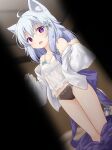 1girl :o animal_ears black_panties bow breasts camisole clothes_down commission fang light_blue_hair long_hair long_sleeves looking_at_viewer natsu_no_koucha original panties pov purple_eyes skeb_commission skirt small_breasts sweat tail tail_bow tail_ornament underwear undressing white_camisole wolf_ears wolf_tail 