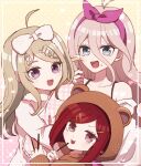  3girls :d ahoge akamatsu_kaede alternate_costume animal_ears animal_hood antenna_hair bare_shoulders bear_hood blonde_hair blush bow collarbone danganronpa_(series) danganronpa_v3:_killing_harmony fake_animal_ears food food_on_face fork fur_trim grey_eyes hair_between_eyes hair_ornament hairband heart holding holding_fork hood hood_up iruma_miu long_sleeves looking_at_viewer mikao_(eanv5385) multiple_girls musical_note musical_note_hair_ornament off_shoulder open_mouth pink_eyes pink_hairband pocky red_hair shiny shiny_hair short_hair smile tongue tongue_out white_bow yellow_background yumeno_himiko 