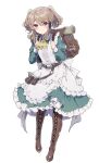  1girl ascot backpack bag bangs belt blush boots braid carrying_bag commentary_request dress full_body hair_ornament ikeuchi_tanuma light_brown_hair looking_at_viewer maid original red_eyes solo twintails 