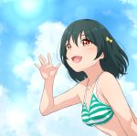  1girl bikini breasts collarbone dark_green_hair fang looking_at_viewer love_live! love_live!_nijigasaki_high_school_idol_club medium_breasts mifune_shioriko morita49c open_mouth orange_eyes short_hair smile solo striped striped_bikini swimsuit upper_body waving 