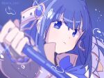  1girl air_bubble bangs blue_background blue_bow blue_eyes blue_gemstone blue_hair blurry bow bridal_gauntlets bubble eyes_visible_through_hair gem headdress high_collar holding holding_weapon looking_at_viewer magia_record:_mahou_shoujo_madoka_magica_gaiden magical_girl mahou_shoujo_madoka_magica nanami_yachiyo paru_rari portrait serious sidelocks simple_background sketch solo swept_bangs tassel twitter_username weapon white_armor 