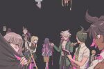  5boys 6+girls ahoge arms_behind_back bandaged_arm bandages bangs black_background black_hair black_headwear black_jacket black_necktie blonde_hair blood book bracelet breast_pocket brown_eyes brown_hair collared_shirt curtains danganronpa_(series) danganronpa_2:_goodbye_despair dark-skinned_female dark_skin eyepatch flipped_hair from_behind galaga green_necktie grey_hair grin hair_ornament hiding highres hinata_hajime holding holding_book holding_key hood hooded_jacket jacket jewelry jumpsuit key komaeda_nagito kuzuryuu_fuyuhiko ladder long_hair looking_at_viewer medium_hair midori_(310ri_21) mioda_ibuki multicolored_hair multiple_boys multiple_girls nanami_chiaki necktie open_book open_clothes open_jacket owari_akane pants pink_blood pocket rope saionji_hiyoko shiny shiny_hair shirt short_hair simple_background sitting smile sonia_nevermind souda_kazuichi spoilers stairs striped striped_jacket striped_pants tanaka_gandamu tsumiki_mikan two-tone_hair 