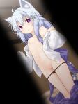  &gt;:( 1girl animal_ears black_panties bow breasts clothes_down commission frown light_blue_hair long_hair long_sleeves looking_at_viewer natsu_no_koucha no_bra original panties panty_pull pov purple_eyes pussy skeb_commission skirt small_breasts sweat tail tail_bow tail_ornament underwear undressing v-shaped_eyebrows wolf_ears wolf_tail 