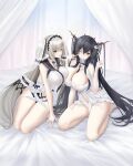  2girls absurdres asymmetrical_docking azur_lane black_choker black_hair black_neckerchief black_ribbon black_sailor_collar breast_press breasts choker cleavage clothing_cutout dress dress_flower feather_dress flower formidable_(azur_lane) formidable_(timeless_classics)_(azur_lane) full_body green_eyes grey_hair hair_flower hair_on_horn hair_ornament highres horns huge_breasts indomitable_(azur_lane) long_hair multiple_girls navel_cutout neckerchief noa_(skae3323) official_alternate_costume on_bed one_eye_closed red_eyes ribbon sailor_collar sleeveless sleeveless_dress thighs twintails two-tone_dress two-tone_ribbon veil very_long_hair white_dress white_flower 