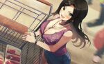  1girl black_hair blush breasts cleavage denim denim_shorts dutch_angle floating_hair food highres idolmaster idolmaster_cinderella_girls large_breasts leaning_forward leaning_on_object looking_at_viewer meat motion_blur mukai_takumi partially_unzipped purple_shirt shangzi shirt shopping_cart shorts smile solo solo_focus straight_hair 