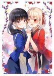  2girls black_hair blonde_hair blue_kimono blush commentary_request hair_ribbon highres holding_hands inoue_takina japanese_clothes jiji_(381134808) kimono long_hair lycoris_recoil multiple_girls nishikigi_chisato open_mouth purple_eyes red_eyes red_kimono red_ribbon ribbon smile twintails yuri 