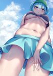  1girl blue_eyes blue_hair blue_skirt blue_sky blush breasts cleavage cloud cowboy_shot from_below green_headwear highres kawashiro_nitori large_breasts looking_at_viewer mirufui navel outdoors parted_lips skirt sky solo standing stomach sweatdrop touhou two_side_up underboob 