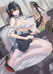  1girl azur_lane black_dress black_footwear black_hair breasts choker cum cum_in_footwear cum_on_clothes dress frilled_choker frilled_pillow frills full_body grey_eyes heart heart-shaped_pupils high_heels highres huge_breasts indomitable_(azur_lane) indomitable_(ms._motivationless_maid)_(azur_lane) long_hair looking_at_viewer maid maid_headdress official_alternate_costume pantyhose pillow shoes stiletto_heels symbol-shaped_pupils white_pantyhose yukiale 