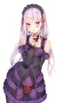  1girl absurdres black_hairband blush braid dress emilia_(re:zero) flower frilled_dress frilled_hairband frills hair_ribbon hairband highres light_purple_hair long_hair purple_dress purple_eyes purple_nails re:zero_kara_hajimeru_isekai_seikatsu red_flower red_ribbon ribbon simple_background solo white_background yuunamida_uyu 