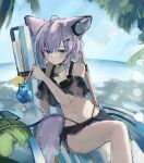 1girl animal_ears arknights beach_chair bikini black_bikini blue_eyes blush breasts drink drinking_straw food fox_ears fox_girl fox_tail fruit glass_table grey_hair headphones_for_animal_ears highres lemon lemon_slice navel official_alternate_costume oripathy_lesion_(arknights) outdoors palm_leaf sankichi_(croquette_crab) short_hair short_twintails sitting small_breasts solo stomach sussurro_(arknights) sussurro_(summer_flowers)_(arknights) swimsuit table tail twintails 