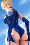  1girl ahoge artoria_pendragon_(fate) artoria_pendragon_(lancer)_(fate) ass back bare_shoulders blonde_hair blue_gloves blue_leotard blue_sky braid breasts crown elbow_gloves fate/grand_order fate_(series) french_braid gloves green_eyes hair_between_eyes highleg highleg_leotard highres large_breasts leotard long_hair looking_at_viewer looking_back sidelocks sky solo thighs yamaneko_(tkdrumsco) 