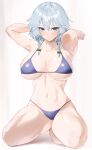  1girl absurdres alternate_costume armpits arms_up bare_arms bikini blush bow braid breasts closed_mouth green_bow grey_hair hair_between_eyes halter_top halterneck highres izayoi_sakuya kataku_musou kneeling large_breasts looking_at_viewer medium_hair navel purple_bikini simple_background skindentation solo stomach string_bikini swimsuit thighs touhou twin_braids underboob white_background 