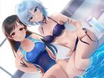  2girls anastasia_(idolmaster) armlet bikini blue_bikini blush breasts cleavage collarbone covered_navel dutch_angle idolmaster idolmaster_cinderella_girls idolmaster_cinderella_girls_starlight_stage looking_at_viewer love_laika_(idolmaster) multiple_girls navel nitta_minami one-piece_swimsuit pool poolside sakura_ran side-tie_bikini soaking_feet swimsuit 