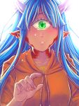  1girl blue_hair cacodemon crying crying_with_eyes_open doom_(series) hand_up horns long_hair looking_at_viewer monster_girl one-eyed orange_shirt personification pointy_ears shirt simple_background substance20 tears upper_body white_background 