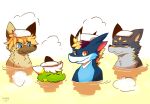  anthro canid canine canis dragon favonius food hi_res hot_spring hyaenid mammal onsen raining rareel salad soak teryx teryx_commodore towel water wolf 