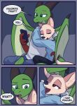  2022 anthro canid cellphone clothed clothing comic dialogue digital_media_(artwork) dragon duo english_text fully_clothed fur green_body holding_cellphone holding_object holding_phone malphas_(enginetrap) mammal open_mouth phone scalie shirt speech_bubble t-shirt tan_body tan_fur text theblueberrycarrots topwear western_dragon 