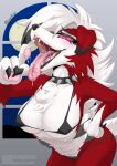  2022 4_fingers absurd_res anthro big_breasts bikini black_hair black_nose blush bodily_fluids breasts canid canine claws cleavage clothed clothing collar drooling english_text fangs female female_anthro finger_claws fingers floppy_ears fur hair half-closed_eyes hand_on_hip hi_res kemono lycanroc mammal micro_bikini midnight_lycanroc multicolored_hair narrowed_eyes nintendo nipple_outline open_mouth pawpads pink_eyes pink_sclera pok&eacute;mon pok&eacute;mon_(species) red_body red_fur saliva saliva_on_finger saliva_on_tongue sharp_teeth signature solo spiked_collar spikes swimwear teeth text tongue tongue_out tuberosekotoki under_boob url video_games white_body white_fur white_hair 