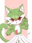  1girl animal_ear_fluff animal_ears artist_name bangs blush bob_cut body_fur cat_ears cat_girl cat_tail claw_pose collarbone colored_skin commentary commentary_request cowboy_shot fang flat_chest gardevoir green_fur green_hair green_skin hair_between_eyes hands_up kemonomimi_mode looking_at_viewer multicolored_skin no_panties nose_blush open_mouth pink_background pokemon pokemon_(creature) pussy red_eyes shinba_(sinba812) shiny shiny_hair short_hair signature simple_background skirt solo standing tail tail_raised translated two-tone_skin uncensored white_skin white_skirt 