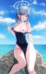  1girl animal_ear_fluff animal_ears ass_visible_through_thighs bangs bare_shoulders blue_archive blue_eyes blue_sky blue_swimsuit blush breasts clothes_pull cloud collarbone cross_hair_ornament facing_viewer grey_hair groin hair_ornament halo highleg highleg_swimsuit highres looking_away medium_breasts medium_hair mismatched_pupils nipples ocean one-piece_swimsuit outdoors parted_lips ponytail pulled_by_self rock shiroko_(blue_archive) shiroko_(swimsuit)_(blue_archive) sidelocks sitting sky solo swimsuit swimsuit_pull thighs udaruyo wet wolf_ears 