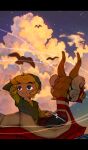  1boy arm_behind_head bird blonde_hair blurry blurry_foreground boat cloud cloudy_sky green_headwear green_shirt green_tunic kunugi37 letterboxed link long_sleeves looking_away male_focus night night_sky pointy_ears pointy_hat sailing_ship shirt short_hair sky smile solo star_(sky) starry_sky the_legend_of_zelda the_legend_of_zelda:_the_wind_waker toon_link upper_body watercraft 