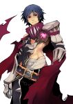  1boy armor bandages bangs belt black_pants blue_hair chain closed_mouth commentary cowboy_shot english_commentary eremes_guile gauntlets looking_at_viewer loose_belt male_focus pants pauldrons pink_gemstone ragnarok_online_2:_legend_of_the_second red_eyes red_scarf scar scar_on_face scar_on_nose scarf short_hair shoulder_armor simple_background smile solo transparent_background twai 