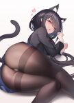  1girl :o absurdres animal_ears ass bangs black_hair black_panties black_shirt blue_skirt breasts brown_pantyhose cat_ears cat_girl cat_tail date_a_live eyes_visible_through_hair feet_out_of_frame hair_over_one_eye half-closed_eyes heart heterochromia highres long_hair long_sleeves lying medium_breasts neck_ribbon on_side open_mouth panties panties_under_pantyhose pantyhose paw_pose red_eyes red_ribbon ribbon school_uniform shirt skirt solo tail thighband_pantyhose thighs tokisaki_kurumi underwear yellow_eyes zhi_jiyang 