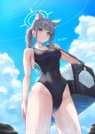  1girl animal_ear_fluff animal_ears ass_visible_through_thighs bag bare_arms bare_shoulders black_swimsuit blue_archive blue_eyes breasts cloud collarbone competition_swimsuit covered_navel cowboy_shot day duffel_bag earrings extra_ears fox_ears from_below grey_hair halo highleg highleg_swimsuit highres jewelry long_hair looking_at_viewer medium_breasts mismatched_pupils one-piece_swimsuit outdoors parted_lips ponytail shiroko_(blue_archive) shiroko_(swimsuit)_(blue_archive) shouhei sidelocks solo standing stud_earrings sunlight swimsuit thighs water wet 