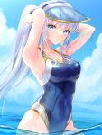 1girl armpits arms_behind_head arms_up breasts cleavage cloud collarbone commentary competition_swimsuit covered_navel cowboy_shot day elias_(sennen_sensou_aigis) grey_hair hair_ornament hair_scrunchie hi-na1 highres large_breasts long_hair looking_at_viewer ocean one-piece_swimsuit outdoors partially_underwater_shot ponytail scrunchie sennen_sensou_aigis sidelocks signature sky solo standing swimsuit very_long_hair visor_cap wading water wet wet_clothes wet_swimsuit 