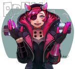  1girl apex_legends black_gloves black_headwear black_jacket blue_eyes cable chizu_(kurukuro) copyright_name cyber_punked_wattson electricity eyepatch gloves grey_choker highres hood hooded_jacket horns jacket mechanical_arms official_alternate_costume one_eye_covered open_hands pink_hair signature single_mechanical_arm smile solo wattson_(apex_legends) 