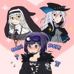  !? 3girls ? andreana_(arknights) arknights ascot black_dress black_gloves black_headwear black_jacket black_shirt blue_capelet blue_eyes capelet chain dlanon dress fingerless_gloves flying_sweatdrops fur-trimmed_jacket fur_trim gloves goggles goggles_on_head gold_chain grey_ascot grey_hair grey_shirt habit hair_between_eyes hand_over_heart hat heart implied_yuri jacket jitome long_hair looking_at_viewer looking_away mask mask_pull mouth_mask multiple_girls open_clothes open_jacket pink_background ponytail purple_hair red_eyes shirt short_hair skadi_(arknights) smile specter_(arknights) sweatdrop twitter_username 