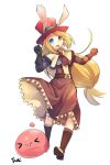  &gt;_&lt; 1girl animal_ears bangs blonde_hair blue_eyes brown_capelet brown_dress brown_gloves capelet chest_guard commentary dress english_commentary frilled_dress frills full_body gloves hat heterochromia long_hair looking_at_viewer low-tied_long_hair open_mouth poring rabbit_ears ragnarok_online red_eyes red_headwear simple_background swordsman_(ragnarok_online) top_hat transparent_background twai 