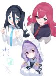  +_+ 3girls arisu_(blue_archive) atsuko_(blue_archive) beko_(beco_1122) black_gloves black_hair black_shirt blue_archive blue_necktie bow braid gloves grey_eyes hair_bow hairband highres hood hood_up hoodie iroha_(blue_archive) logo long_hair low_twin_braids multiple_girls necktie one_side_up pouty_lips purple_eyes purple_hair red_hair red_necktie shirt side_ponytail simple_background smile twin_braids white_shirt 